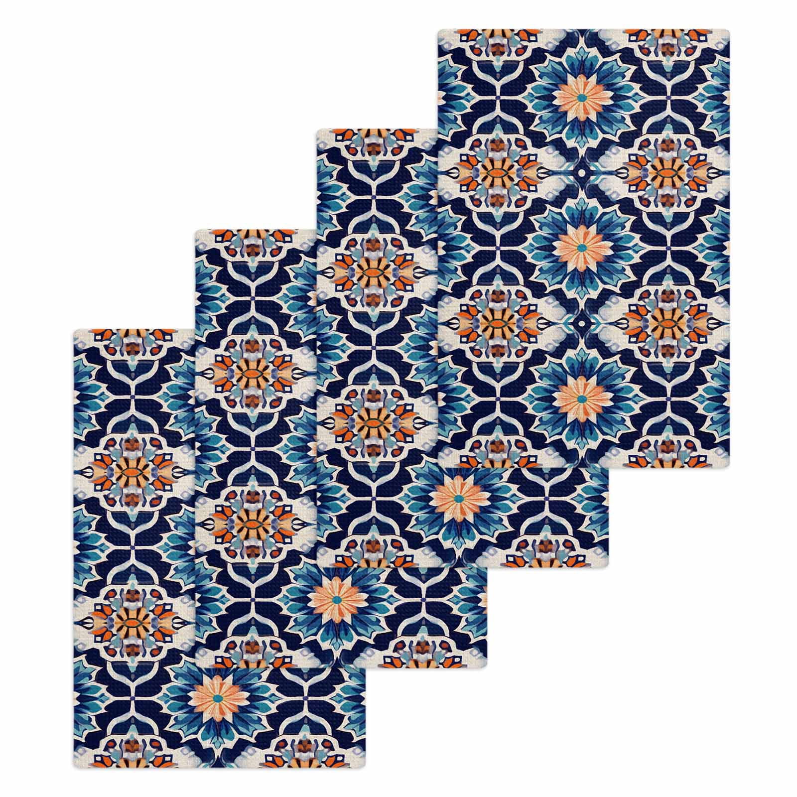 Orange Blue Hand Towels Set,Waffle Weave Kitchen Towels 4 Pieces,Morocco Boho Abstract Floral Ethnic Tribal Microfiber Hair Face Bath Tea Towel Absorbent Quick Drying Cleaning Dish Cloths,15.7"x23.6"