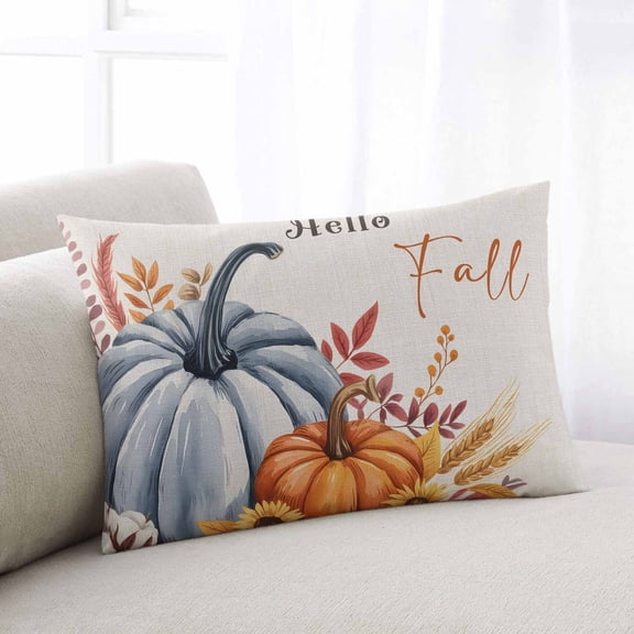 Orange Blue Hello Fall Throw Pillow Covers, Thanksgiving Pumpkin Maple Leaf Rustic Soft Breathable Pillow Cases with Zipper for Sleeping, Body Pillowcases for Couch Bed Sofa Chair 24x36 Inches