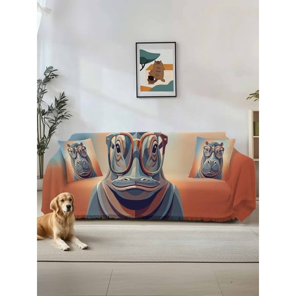 Orange Blue Hippocampus Couch Cover, Funny Animals Modern Art Sofa Cover Blanket for 3 Cushion Couch, Sectional Sofa Slipcover Furniture Protector for Living Room Bedroom 71''x134''