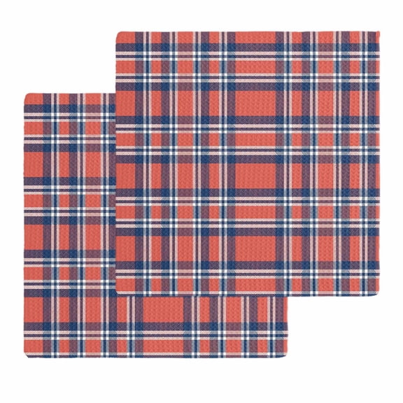 Orange Blue Kitchen Dish Towels for Drying Dishes Set of 2, British Style Buffalo Plaid Lattice Waffle Weave Microfiber Hand Tea Bathroom Towels Quick Dry & Absorbent Towel 12x12