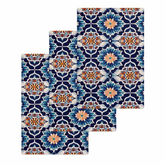 Orange Blue Kitchen Dish Towels for Drying Dishes Set of 3, Morocco Boho Abstract Floral Ethnic Tribal Waffle Weave Microfiber Hand Tea Bathroom Towels Quick Dry & Absorbent Towel 15.7x23.6