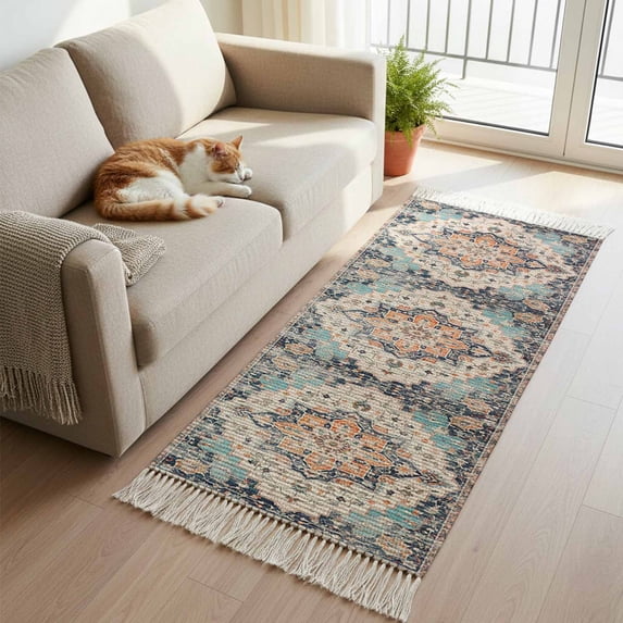 Orange Blue Kitchen Runner Rug 2'x4',Boho Geometric Middle Century Abstract Western Washable Rug with Tassels,Non Slip Woven Cotton Bathroom Rugs Hallway Carpet for Foyer Bedroom Entry Back Door