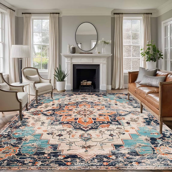 Orange Blue Large Area Rug 8x10 FT, Non Slip Living Room Throw Carpet, Boho Geometric Middle Century Abstract Western Washable Soft Indoor Outdoor Carpet Non-Shedding Rug for Bedroom Dining Room