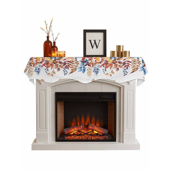 Orange Blue Leaf Fall Fireplace Mantle Scarf, Autumn Eucalyptus Leaves Mantel Cover Table Runner for Home Living Room Door Window, Indoor Outdoor Holiday Party Decor 17" x 60"