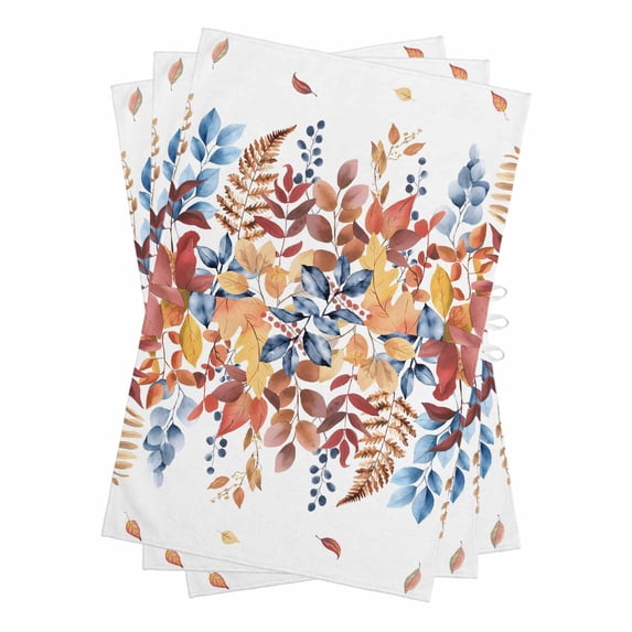Orange Blue Leaf Fall Kitchen Towels Set of 3, Water Absorbent Dish Towel, Autumn Eucalyptus Leaves Decorative Hand Towels - Quick Drying Cloth for Cooking Baking, 18x28 Inch