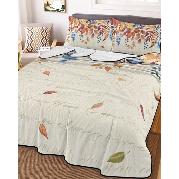 Orange Blue Leaf Fall Queen Size Down Alternative Comforter, Lightweight Comforter Quilt Bedding Set with Pillow Shams Autumn Eucalyptus Leaves Vintage All Seasons Bed Comforter Duvet Insert 90"x96"