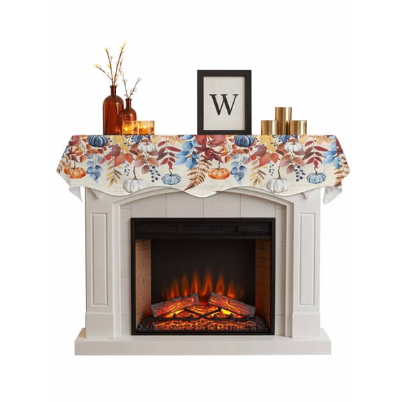 Orange Blue Leaves Fall Fireplace Mantle Scarf, Thanksgiving Small Pumpkins Weeping Mantel Cover Table Runner for Home Living Room Door Window, Indoor Outdoor Holiday Party Decor 17" x 70"