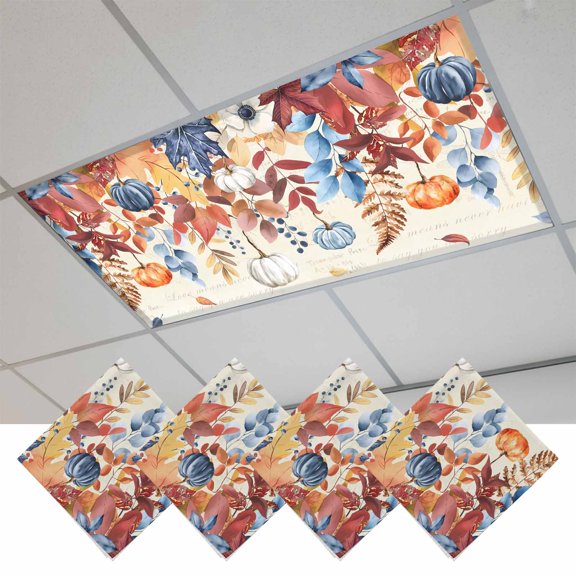 Orange Blue Leaves Fall Fluorescent Light Covers, Thanksgiving Small Pumpkins Weeping Magnetic Light Covers for Ceiling Lights, Fluorescent Ceiling Shade for Classroom Bedroom Office 4x2Ft x 4PCS