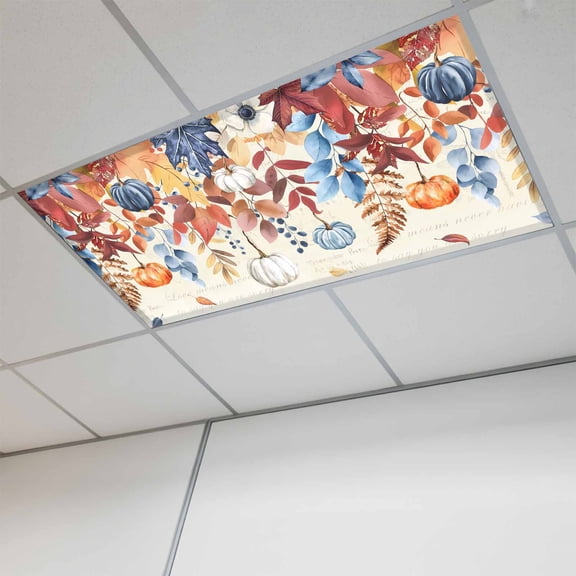 Orange Blue Leaves Fall Fluorescent Light Covers, Thanksgiving Small Pumpkins Weeping Magnetic Light Covers for Ceiling Lights, Fluorescent Ceiling Shade for Classroom Bedroom Office 4x2Ft x 1PCS