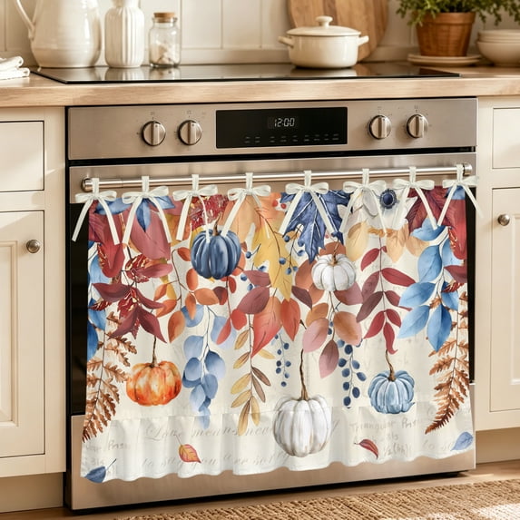 Cream Ruffle Ribbon Orange Blue Leaves Fall Oven Skirt Curtain, Oven Door Curtain with 8 ...
