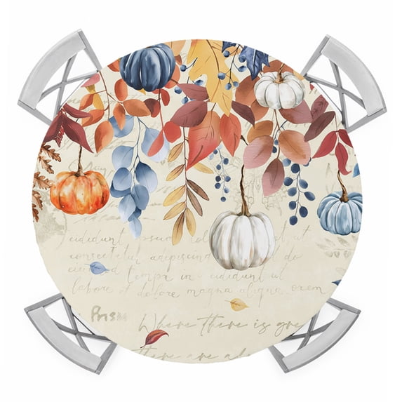 Orange Blue Leaves Fall Round Tablecloth for 45-54 Inch Tables,Fitted Table Cover with Elastic Edge,Thanksgiving Small Pumpkins Weeping Waterproof Outdoor Table Cloth Protector for Patio Dinner