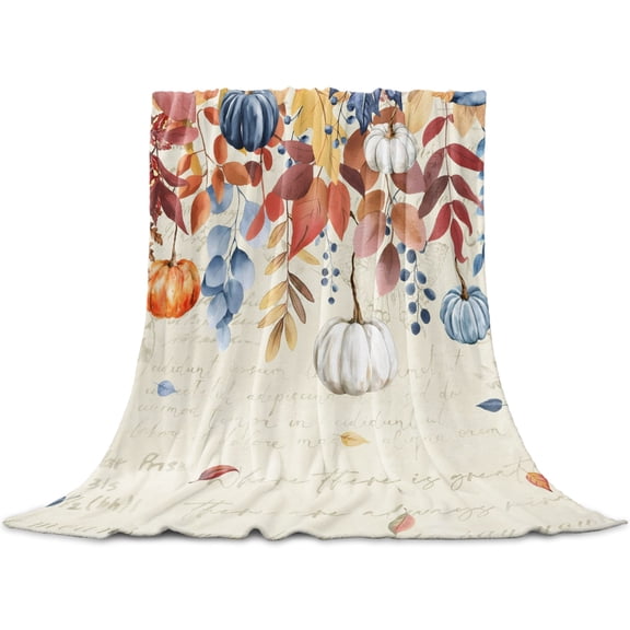 Orange Blue Leaves Fall Throw Blanket for Couch,Lightweight Flannel Fleece Blanket,Thanksgiving Small Pumpkins Weeping Microfiber Plush All Season Decorative Blankets for Sofa Office Travel 40"x50"