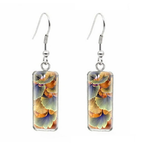Orange Blue Leaves Rectangular Drop Earrings