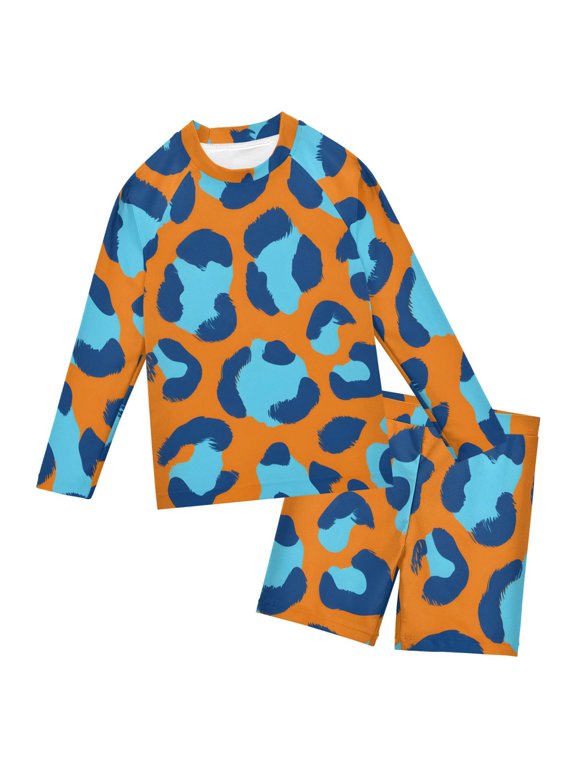 Orange Blue Leopard Pattern Boys' Bathing Suit UPF 50+ Boys' Rash Guard Sets Stretchy Quick Dry 3T-10T
