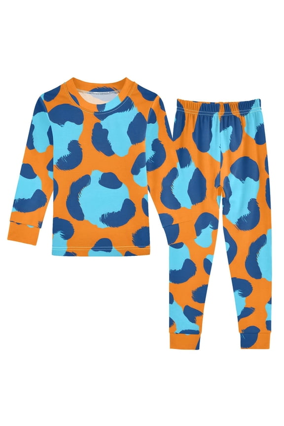 Orange Blue Leopard Pattern Cotton Pajamas 2 Piece Set Sleepwear Soft and Comfortable Homewear Nightwear