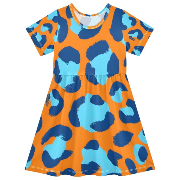 Orange Blue Leopard Pattern Girls Short Sleeve Dress A Line Sun Protection Breathable Comfort Sundress 3T