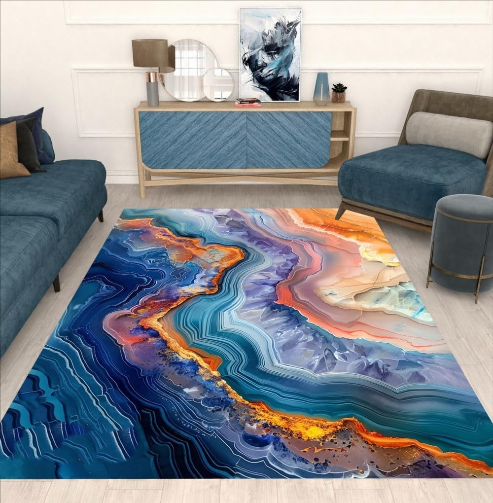 Orange Blue Marble Striped Modern Abstract Unique Area Rug For ...