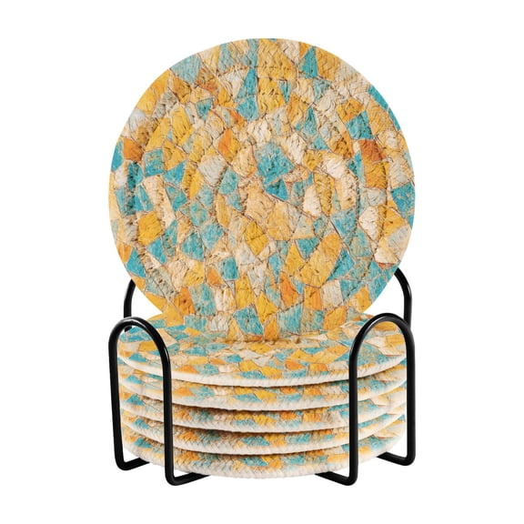Orange Blue Mosaic 4in Bar Coasters Set of 6 with Storage Rack Durable Heat Resistant