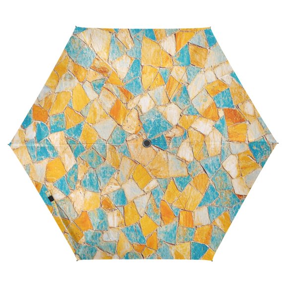 Orange Blue Mosaic Folding Umbrella UV50+ Waterproof Sun Protection Auto Open Close Compact Fiberglass Frame