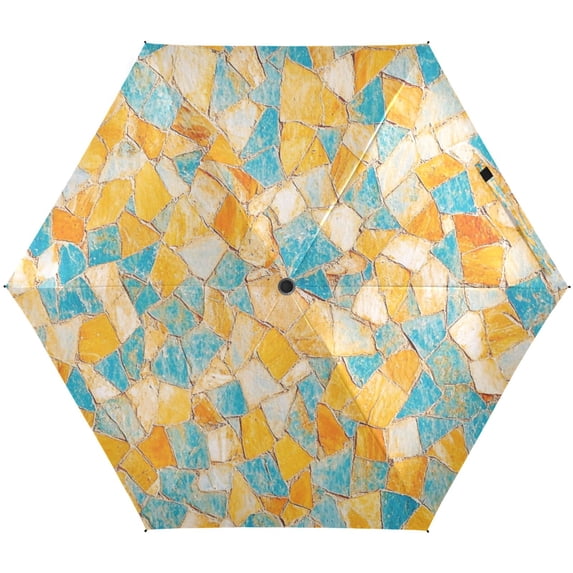 Orange Blue Mosaic Umbrellas for Sun Auto Open Close UV50+ Waterproof 5-Fold Compact Fiberglass Frame