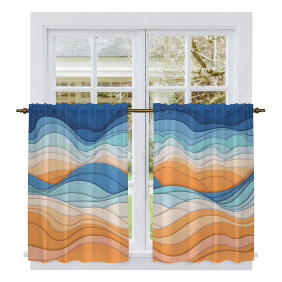 Orange Blue Ocean Waves Kitchen Curtain for Berdoom Living Room Cafe 45 Inch Length, Summer Beach Coastal Abstract Tiers Curtains Light Filtering Drapes Rod Pocket Window Treatment 2 Panels 52"Wx45"L