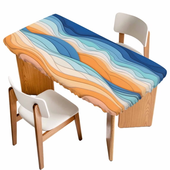 Orange Blue Ocean Waves Table Cloths for 4 Foot Rectangle Tables, Summer Beach Coastal Abstract Patio Waterproof Elastic Fitted Tablecloths, Washable Rectangular Table Cover for Camping