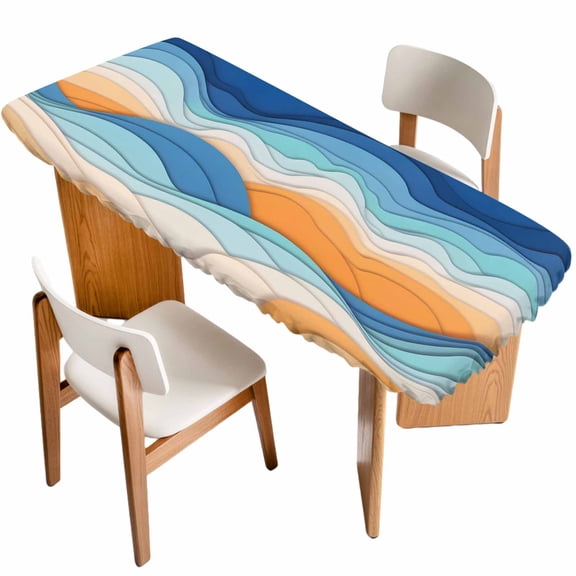 Orange Blue Ocean Waves Table Cloths for 8 Foot Rectangle Tables, Summer Beach Coastal Abstract Patio Waterproof Elastic Fitted Tablecloths, Washable Rectangular Table Cover for Camping