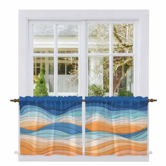 Orange Blue Ocean Waves Tier Curtains 24 Inch Length, Summer Beach Coastal Abstract Cafe Short Curtains for Bathroom Over Sink, Small Kitchen Curtain Light Filtering Drapes 2 Panels 27.5"Wx24"L