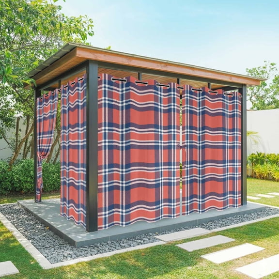 Orange Blue Outdoor Curtains for Patio Waterproof,Windproof Privacy Curtains with Weighted Bottom,British Style Buffalo Plaid Lattice Outside Drapes for Picnic Garage Backyard Cabana 54"x84" 1 Panel