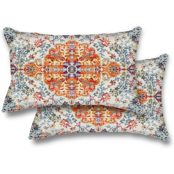 Orange Blue Pillow Covers 12x20 Inch Set of 2, Boho Throw Pillows Case, Carpet Pattern Ethnic Design Outdoor Decorative Square Linen Farmhouse Decor Cushion Covers for Home Sofa Bed Couch