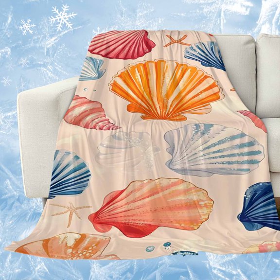 Orange Blue Pink Coastal Cooling Blanket,Lightweight Breathable Summer Throw Blanket with Double Sided Cold Effect,Summer Nautical Shell Beach Picnic Blankets Bed Sheet for Hot Sleepers 30"x40"