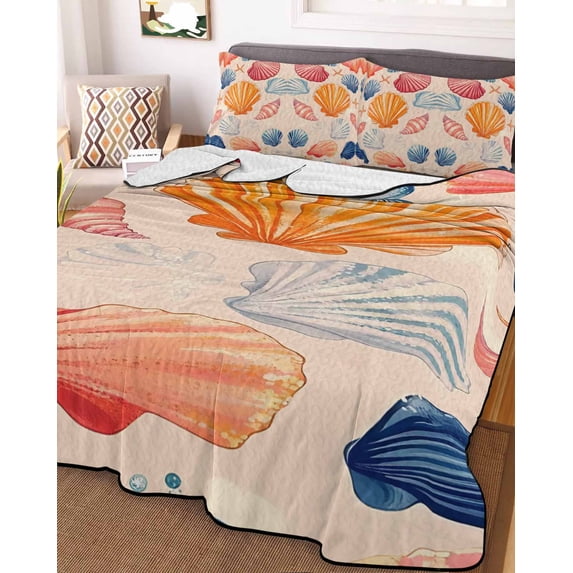 Orange Blue Pink Coastal King Size Down Alternative Comforter, Lightweight Comforter Quilt Bedding Set with Pillow Shams Summer Nautical Shell Beach All Seasons Bed Comforter Duvet Insert 96"x106"
