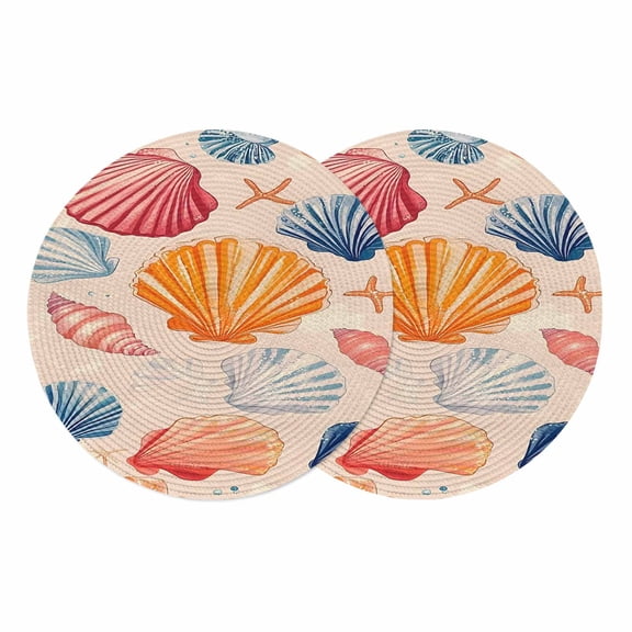 Orange Blue Pink Coastal Round 13 Inch Placemats Set of 2, Summer Nautical Shell Beach HeatResistant Non Slip Place Mats for Dining Table, Wipeable Braided Kitchen Table Mats for Housewarming