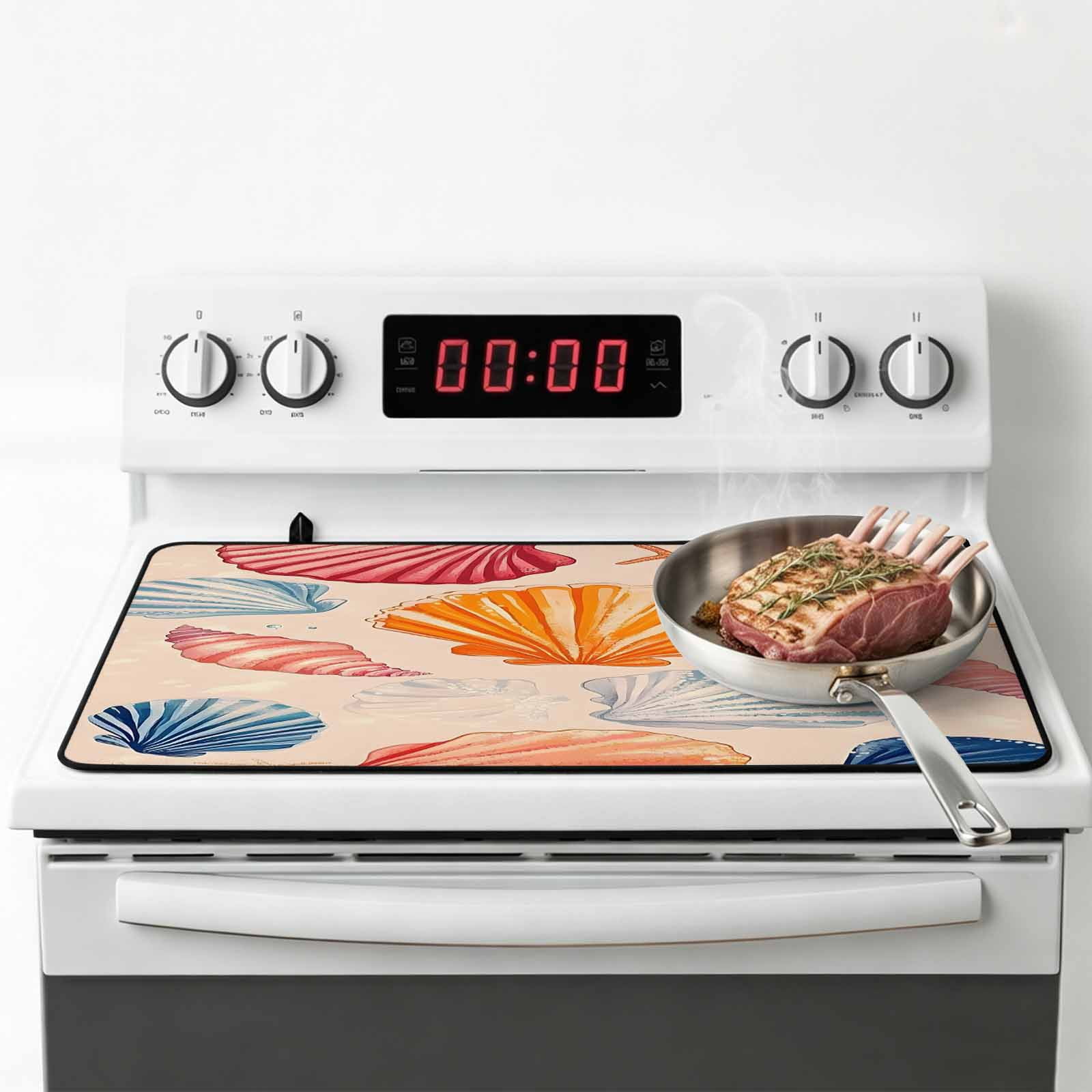 Orange Blue Pink Coastal Stove Top Cover for Electric Stove, Heat-proof & Non Slip Glass Top Stove Cover Protector, Summer Nautical Shell Beach Kitchen Flat Cooktop Rubber Mat 24x21 Inches