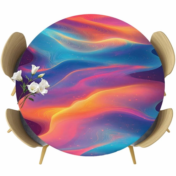 Orange Blue Pink Moire Round Tablecloth 36-44 Inch Round Fitted Table Cloth with Elastic Edge, Modern Water Ripple Waterproof Table Cover Protector for Outdoor Picnic Party Dining