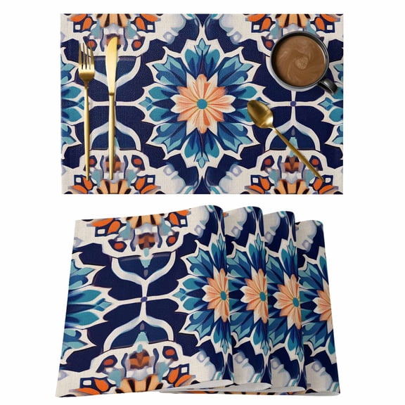 Orange Blue Placemats Set of 4 Morocco Boho Abstract Floral Ethnic Tribal Place Mats Indoor Wipeable Table Mats Washable Cloth Dining Table Placemats for Kitchen Holiday Party Home Decor 13x19 Inch