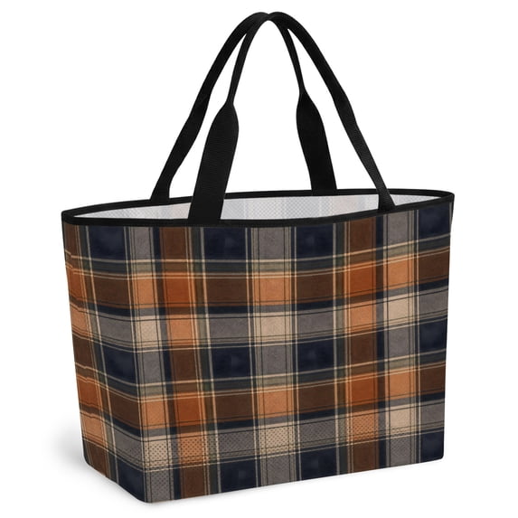 Orange Blue Plaid Beach Bag for Women, Large Breathable Mesh Beach Tote Bag, Farmhouse Checkered Buffalo Fall Sandproof Lightweight Travel Bags for Vacation Picnic Swimming Pool 15.7"x15.7"x9.1"