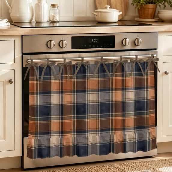 Orange Blue Plaid Oven Skirt for Farmhouse Kitchen Décor, Farmhouse Checkered Buffalo Fall Oven Curtain Tie Top Decorative Stove Skirt, Cabinet Dish Washer Curtains with 8 Ribbon Ties 30"x21.5"