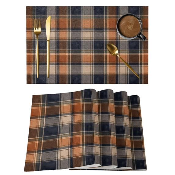 Orange Blue Plaid Placemats Set of 4 Farmhouse Checkered Buffalo Fall Place Mats Indoor Wipeable Table Mats Washable Cloth Dining Table Placemats for Kitchen Holiday Party Home Decor 13x19 Inch