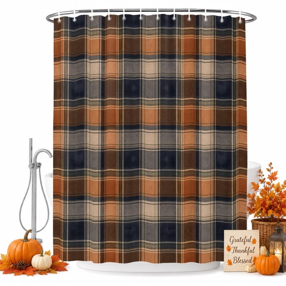 Orange Blue Plaid Shower Curtain, Farmhouse Checkered Buffalo Fall Washable Shower Curtains for Bathroom Bathtubs, Waterproof Quick-Dry Bath Curtain with Hooks & Grommets, Small Stall 36"x72"