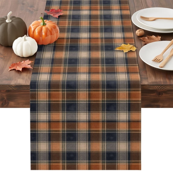 Orange Blue Plaid Table Runner - 48 Inch Long Farmhouse Checkered Buffalo Fall Cotton and Linen Blended Dress Scarves Farmhouse Table Runner for Kitchen Dining, Coffee Table, 13" x 48"