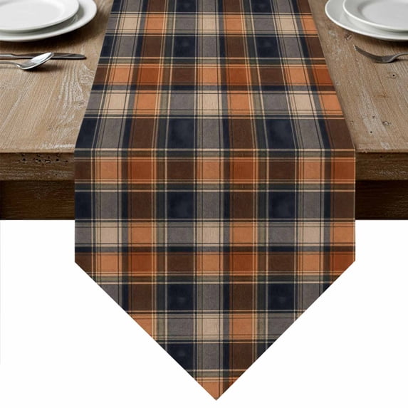 Orange Blue Plaid Table Runner Linen Burlap Table Runner 72 Inches Long Farmhouse Checkered Buffalo Fall Dresser Scarves for Kitchen Island Coffee Dining Room Party Wedding Holiday Decoration 14"x72"