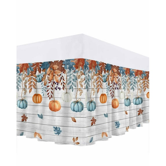 Orange Blue Pumpkin Bed Skirt King Size 16 Inch Drop, Thanksgiving Autumn Maple Leaves Wood Vintage Wrap Around Dust Ruffle Bedskirts, Wrinkle&Fade Resistant Easy Fit Bedskirt with Adjustable Elastic