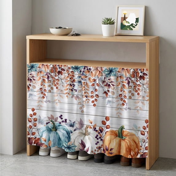 Orange Blue Pumpkin Fall Cabinet Curtain 35"Wx35"L,Dustproof Under Sink Skirt W/ Self Adhesive Tape,Thanksgiving Maple Leaf Vintage Cabinet Curtain Cover for Kitchen Sink,Bathroom Vanity,Laundry Room