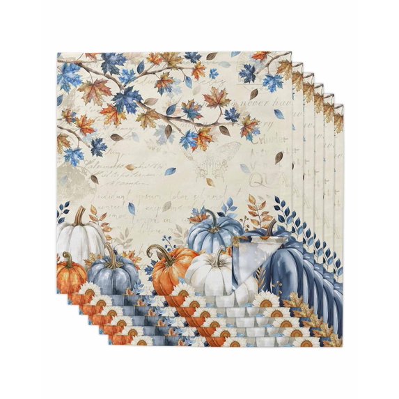 Orange Blue Pumpkin Fall Cloth Napkins Set of 6 Reusable Dinner Napkins, Thanksgiving Maple Leaves Branch Cocktail Napkin Washable Table Napkins for Wedding/Holiday Party/Baby Shower 20"x20"