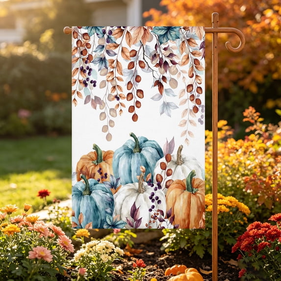 Orange Blue Pumpkin Fall Garden Flag 28x40 Double Sided - Welcome Garden Flags for All Seasons Outside Décor, Thanksgiving Maple Leaf Decorative Personalized Yard Flags Large Sign