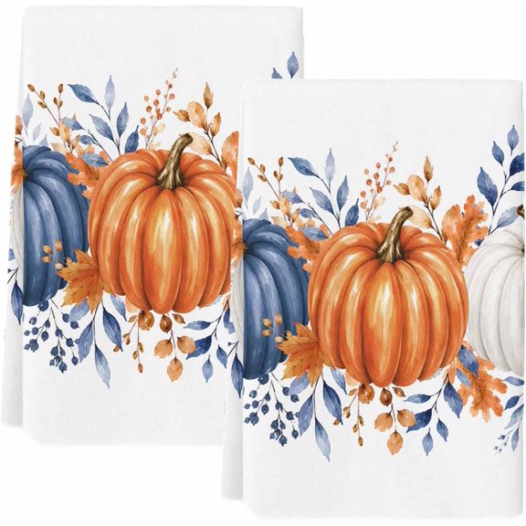 Orange Blue Pumpkin Fall Kitchen Towels Set of 2,Absorbent Microfiber Dish Tea Towels with Hanging Loop,Thanksgiving Botanical Watercolor Resuable Hand Towel for Home Kitchen Cleaning 18"x26"