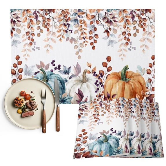 Orange Blue Pumpkin Fall Placemats Set of 6, Thanksgiving Maple Leaf Washable Wipeable Table Mats for Dining Tables, Indoor Outdoor Kitchen Place Mats for Holiday Party Table Decor