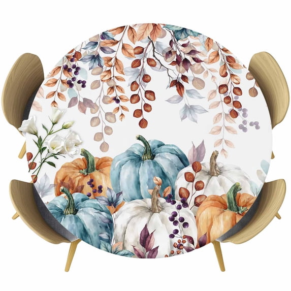Orange Blue Pumpkin Fall Round Tablecloth, Fitted Table Cover with Elastic for 45"-54" Round Tables, Thanksgiving Maple Leaf Table Cloth Outdoor Indoor Dinning Party Waterproof Tablecloths