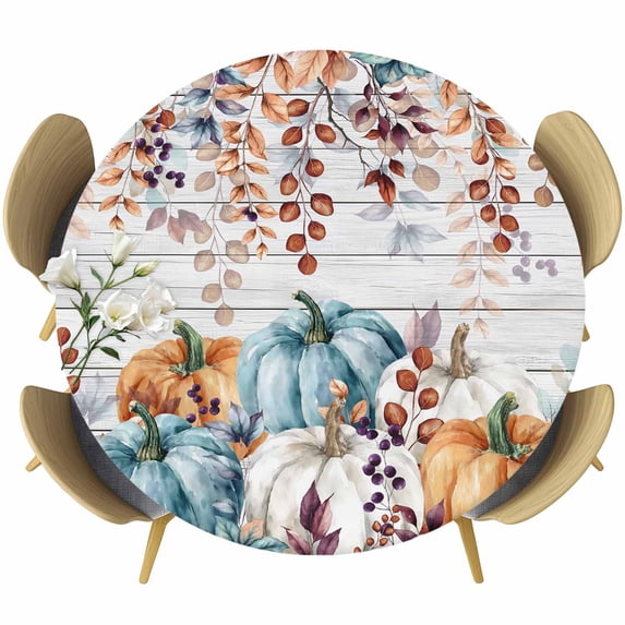 Orange Blue Pumpkin Fall Round Tablecloth, Fitted Table Cover with Elastic for 55"-60" Round Tables, Thanksgiving Maple Leaf Vintage Table Cloth Outdoor Indoor Dinning Party Waterproof Tablecloths